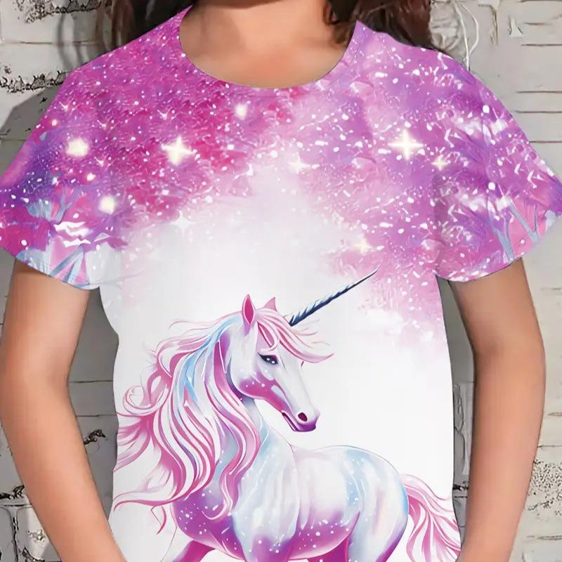 Nowy kreskówkowy T-shirt dziecięcy T-shirt z krótkim rękawem luźny casualowy wzór z koniem topy dla dziewczynek