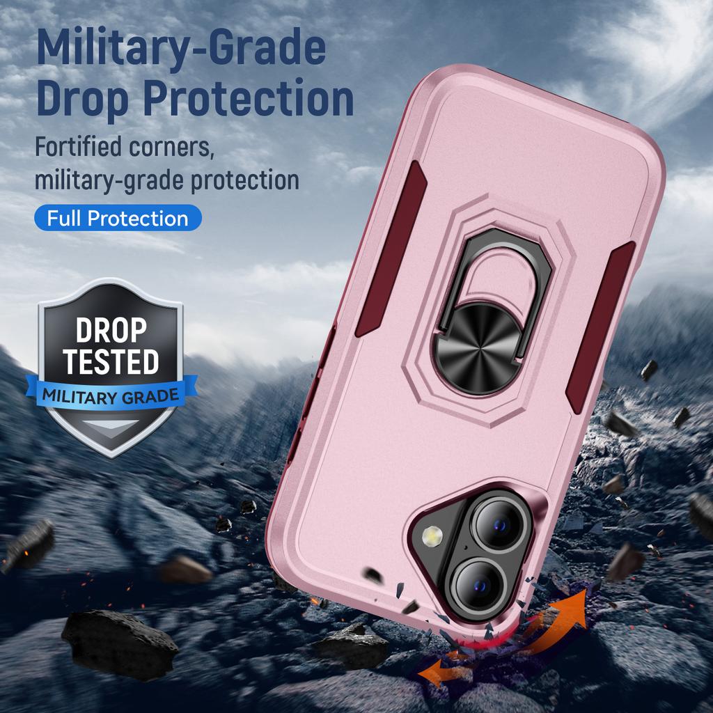 For iPhone 16 Plus Case Military Grade Ring Kickstand PC+TPU Phone Cover