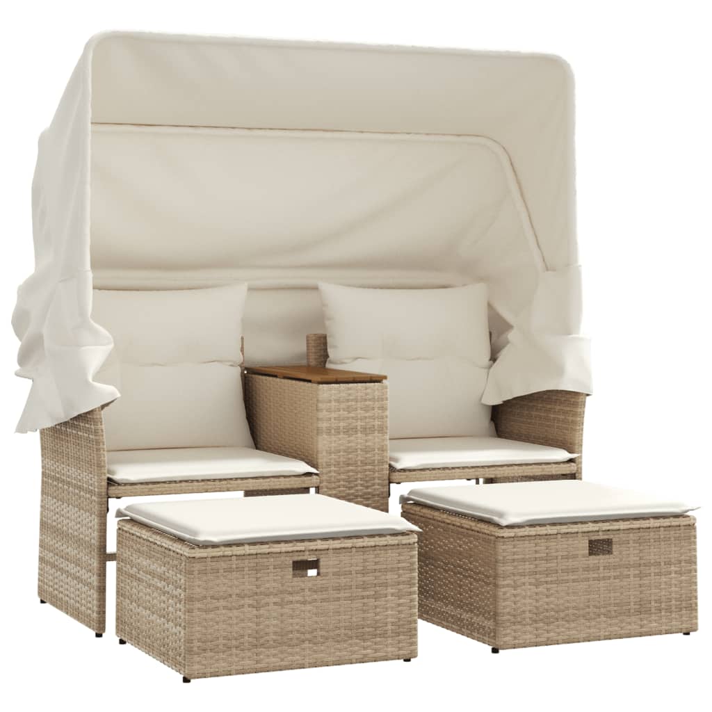 2 Seater Garden Sofa with Canopy and Footstools Beige Poly Rattan