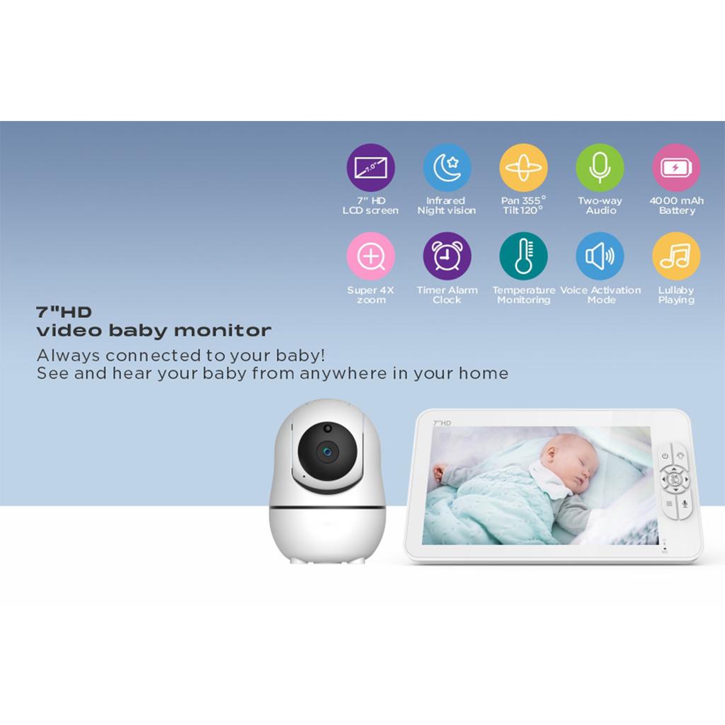 Monitor de Bebê de 7 Polegadas Monitor de Cuidados com o Bebê Intercomunicador de Voz Bidirecional Função de Zoom 4x