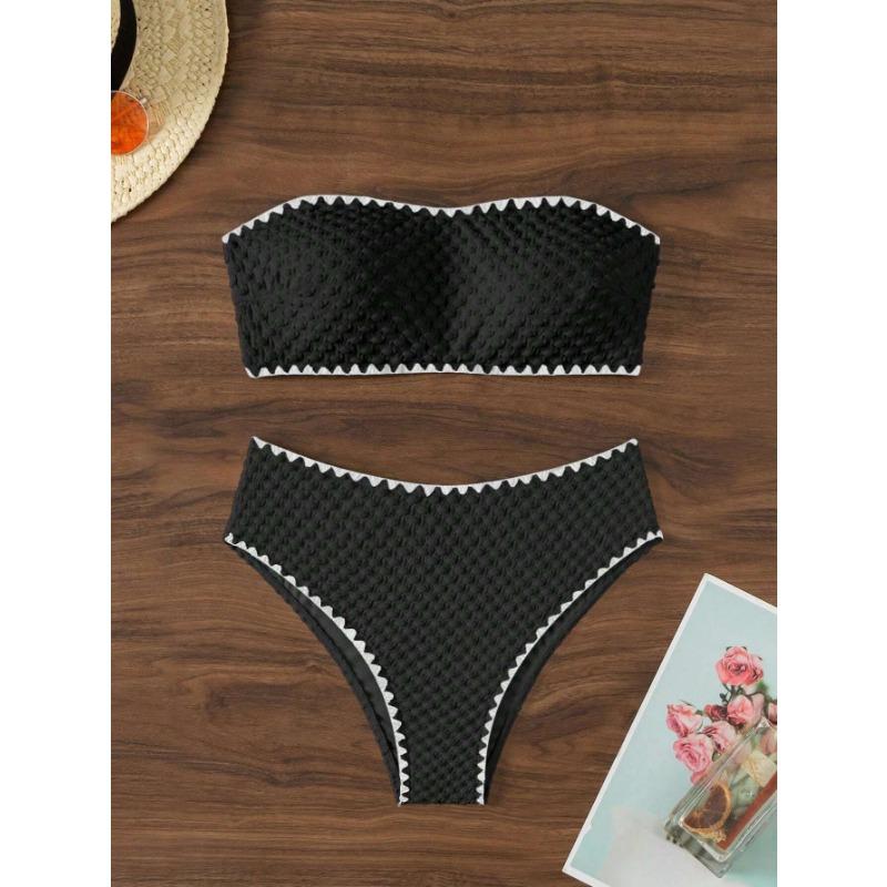 White Textured Bandeau Bikini Set Scalloped Edge High Waist Two Piece Swimsuit
