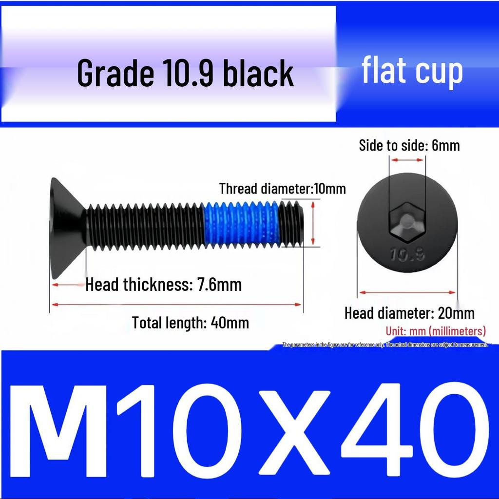 Black Anti-Slip Flat Cup Screw with Adhesive Blue Glue, Countersunk Hexagon Socket, Available in M2-M8 Sizes