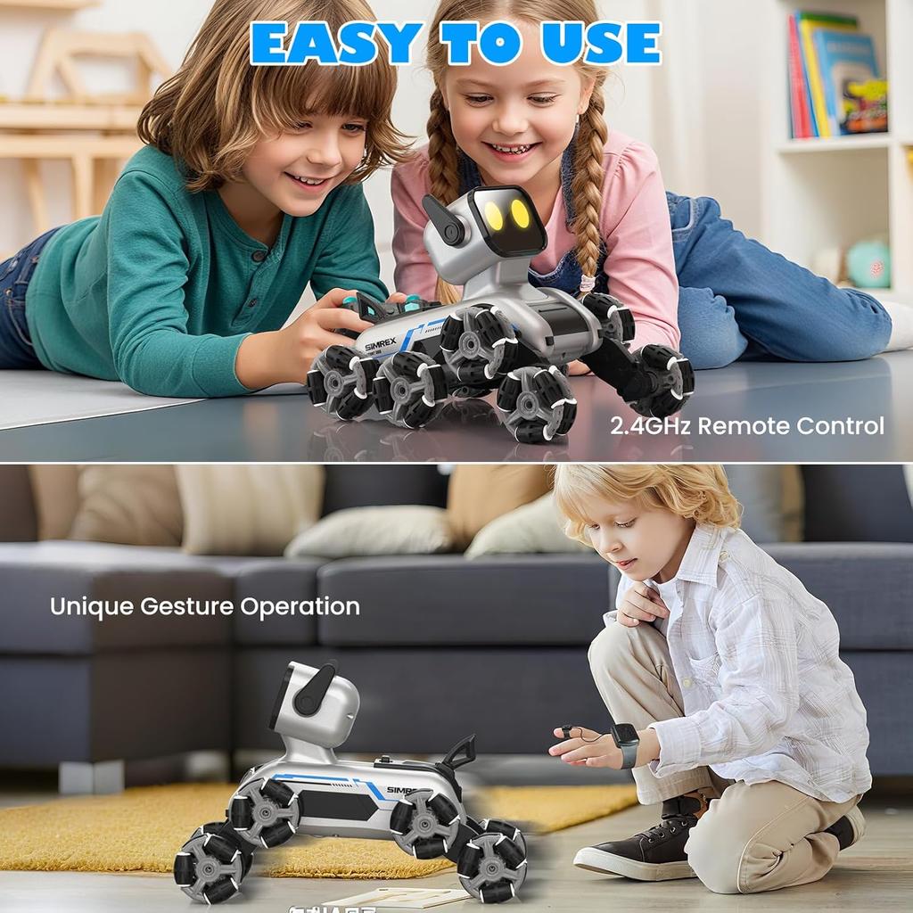 SIMREX Robot Dog RC Stunt Car Toys - Gesture Sensing Remote Control Car with Mecanum Wheels, LED Eyes, 3 Sound Effects, Birthday Gift for Kids Boys