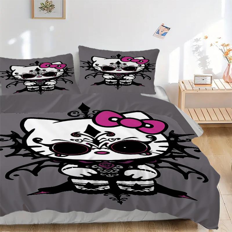 

3pcs Day of the Dead Hello Kitty Quilt Cover Set - Soft and Cozy Bedroom, Guest Room and Dorm Decorative Bedding 3-Piece Set 1 Quilt Cover + 2 Pi 135x200cm