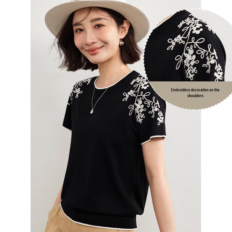 Wudao Women's Silk-Blend Embroidered Knit T-Shirt