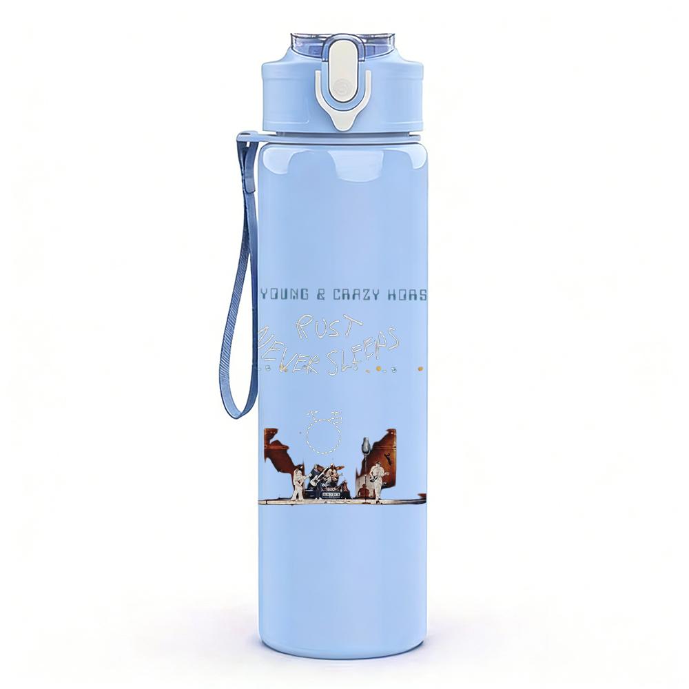 1PC Faint light blue faded band text sketch print 750ml colorful plastic sports water bottle leakproof pop up lid with straw for outdoor work home use