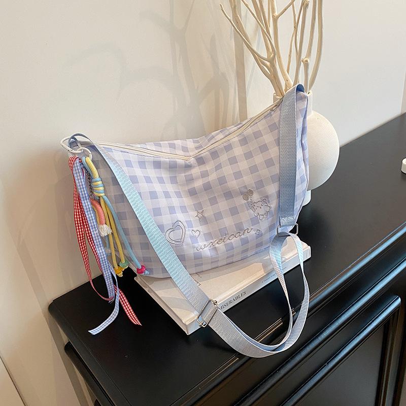 Checkered Canvas Bag for Women, Small and Fresh Embroidered Versatile Shoulder Bag, Large Capacity Commuting Crossbody Bags