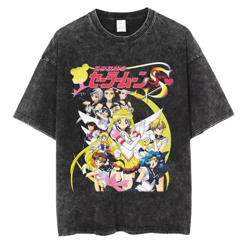 MINISO Maglietta Lavata Stampata Anime Sailor Moon Estate Nuova Cotone Uomo e Donna Larga Casual Retro Trendy Manica Corta Top
