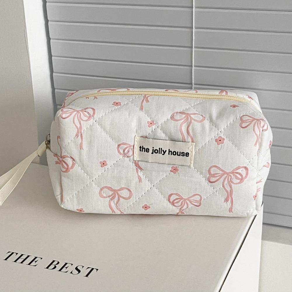 New Korean Style Cosmetic Bag Multi-size Pink Bow Travel Storage Bags Plaid Zipper Stationery Pouch for Women Girls