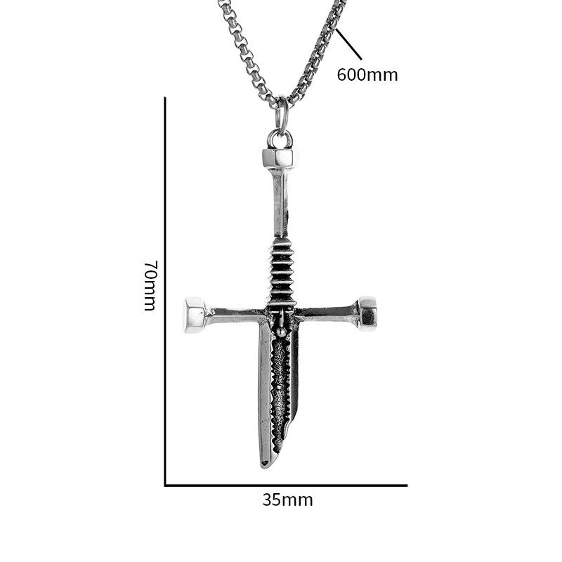 Retro Broken Sword Necklace Trendy Men Personality Made of Old Imitation Thai Silver Broken Sword Cross Pendant Mens Collarbone Chain