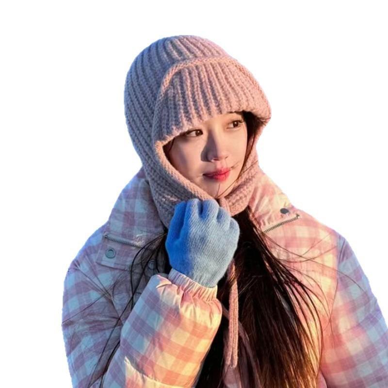 Cute new pink ear protector knitted wool hat for girls, small face in winter, warm ear protector