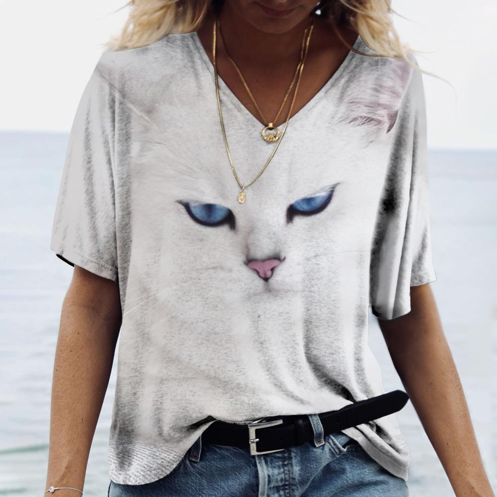 Mode Dier Kat 3D Print T-shirt Dames T-shirt V-hals Oversized Dames Tee Tops Zomer Streetwear Harajuku Y2k Kleding