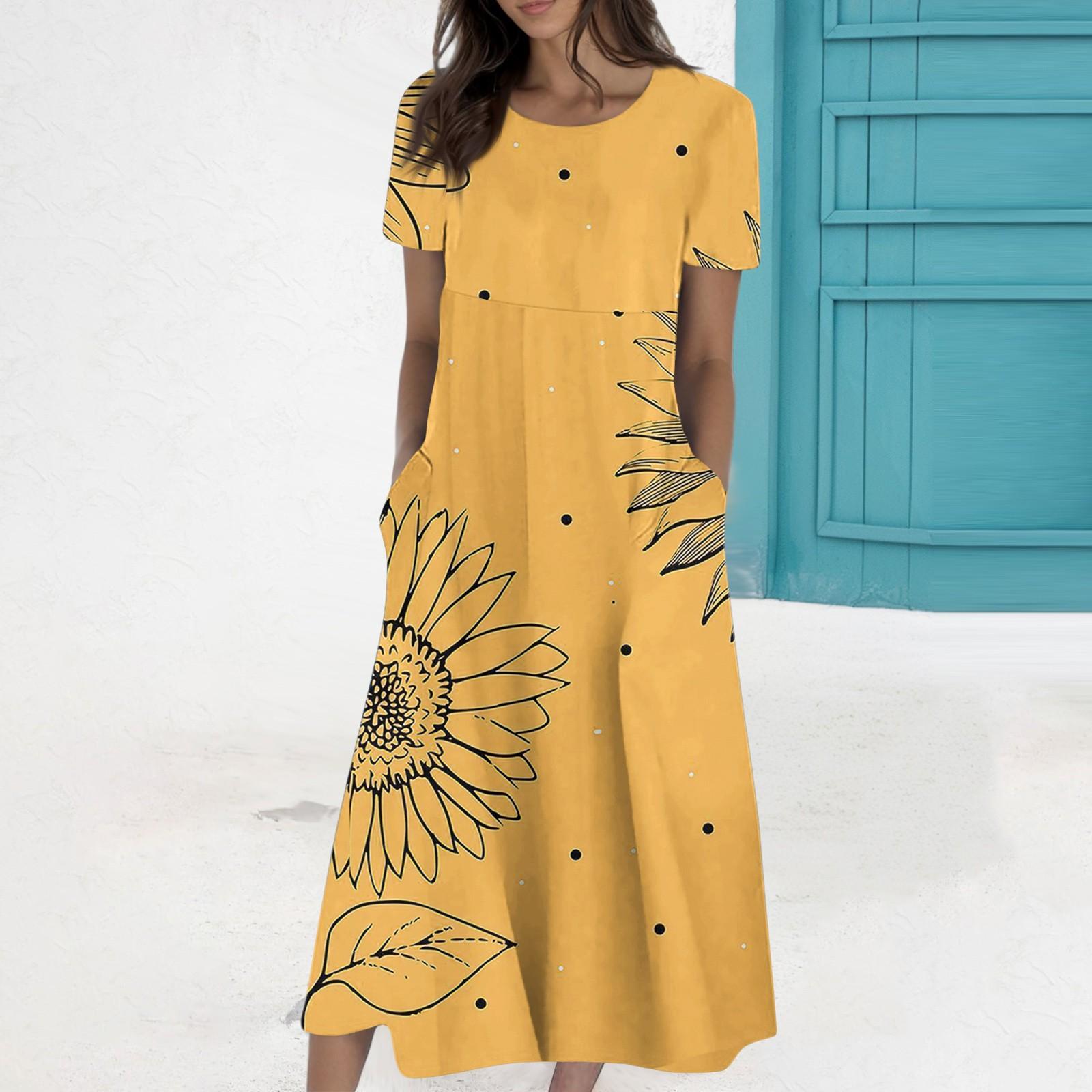 Women s Summer Casual Fashion Printed Short Sleeve Round Neck Pocket Dress L жёлтый