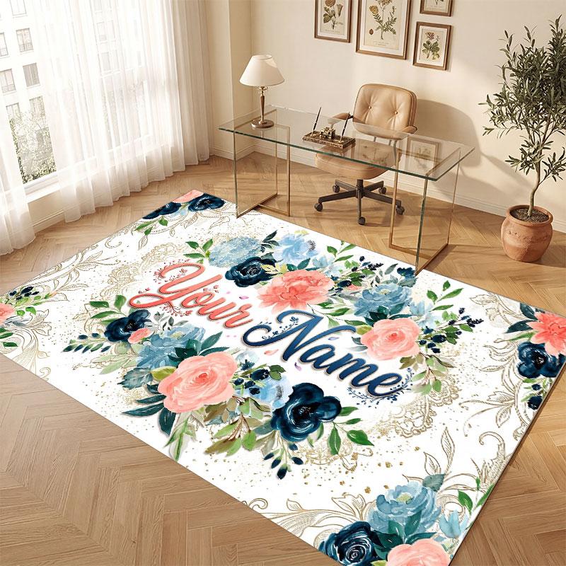 Floral Garden Theme Crystal Velvet Floor Rug Personalized Custom Name Text Warm Carpet Home Decoration