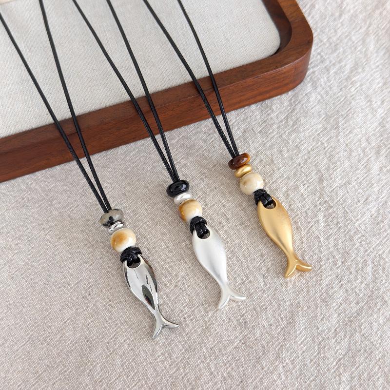 2026 Trendy Metal Fish Pendant Long Chain Leather Cord Necklace For Women Men Summer Fashion Personalized Charm Neck Jewelry