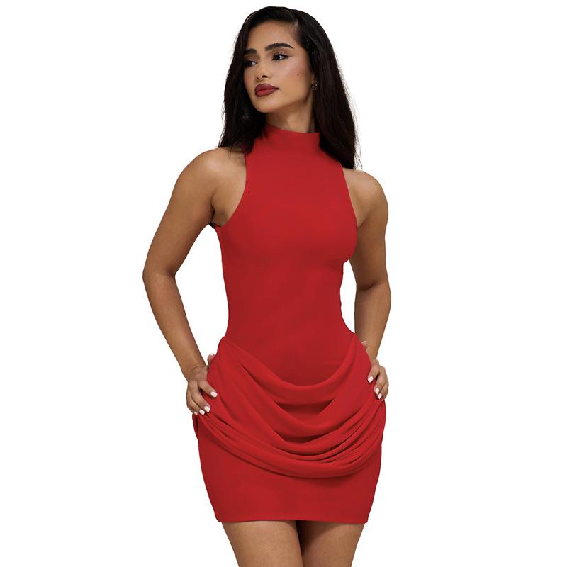 European & American Women's Winter Solid Slim Fit Round Neck Sleeveless Mini Dress