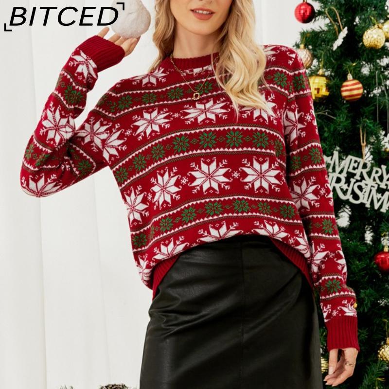 

BITCED O-Neck Christmas Red Knit Sweater Christmas Outfit Long-Sleeve Snowflake Patterned Sweater XL красный