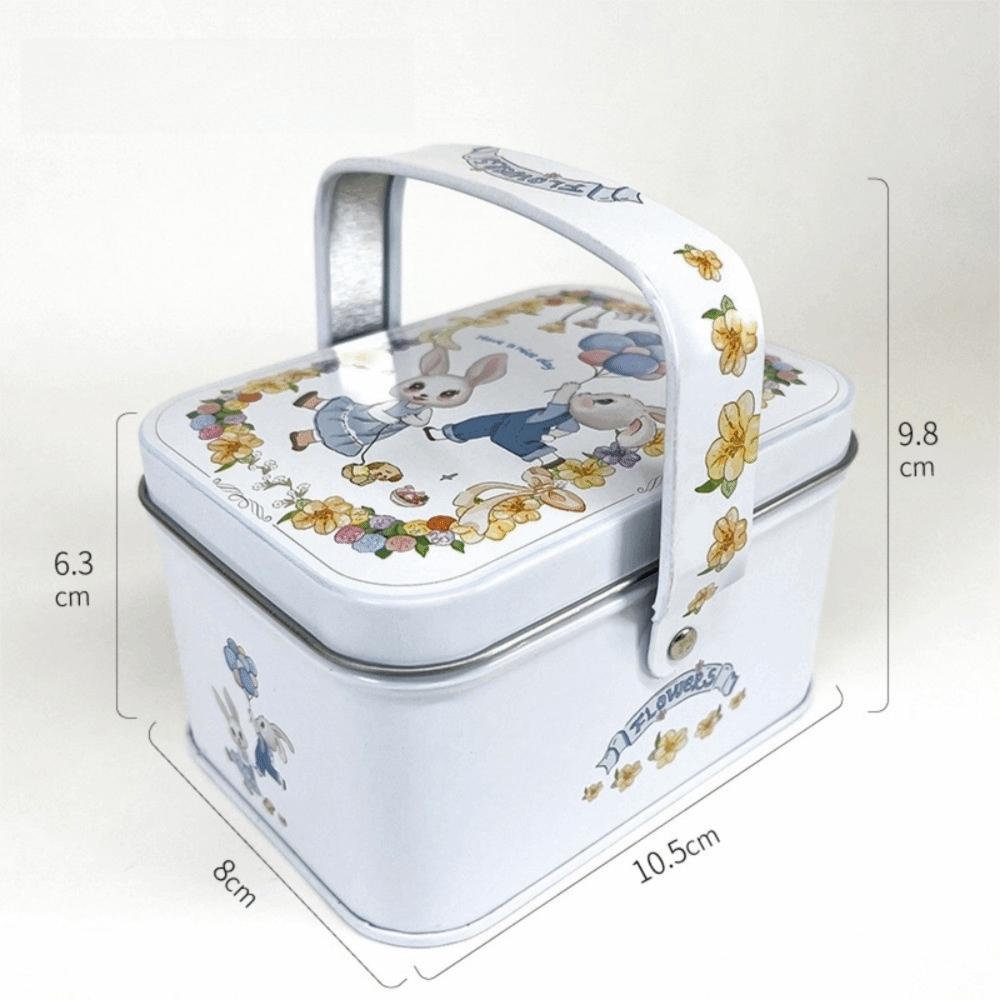 Rabbit Printed Tin Storage Box with Handle Storage Can Portable Tinplate Candy Box  Party