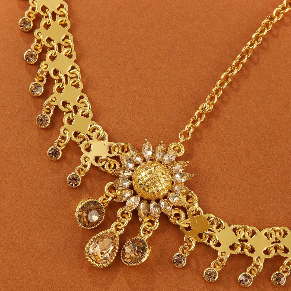 Arab Headdress Gold Color Crystal Sunflower Daisy Rhinestone Water Drop Tassel Head Chain Headband For Women Wedding Accessories