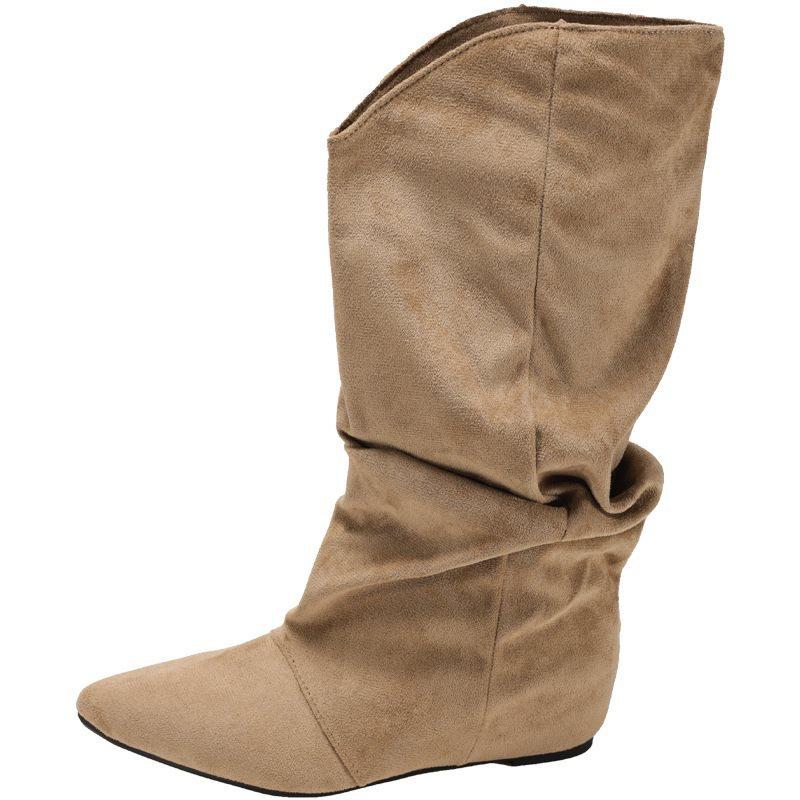 Inner heightening retro knight boots stacked new 2025 khaki pointed flat boots women's boots slim autumn