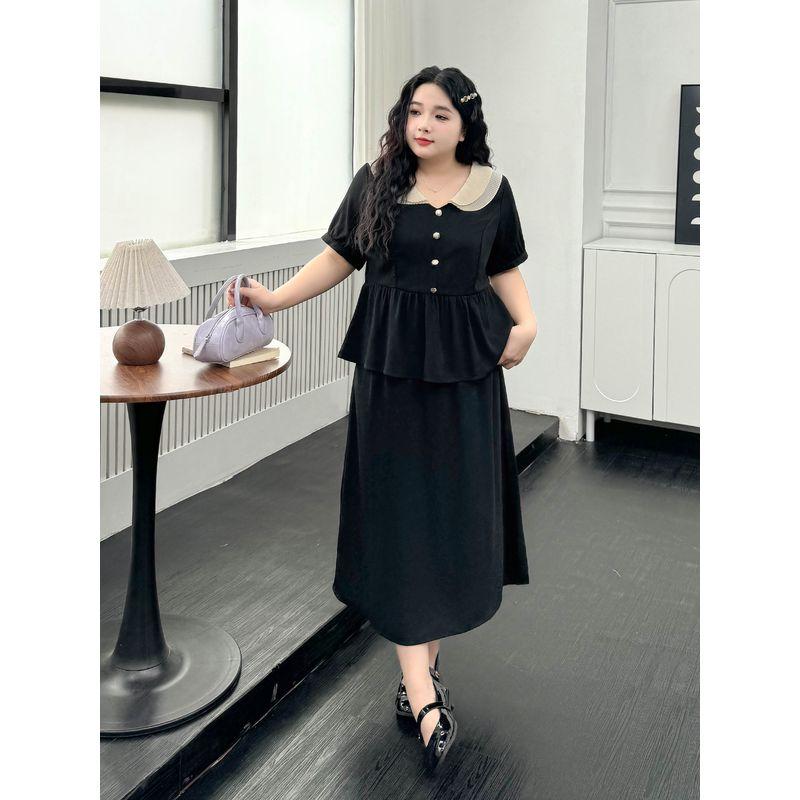 Plus size women clothing [French style Advanced Sense Set] Summer Chubby Girl Contrast Color Double Layer Lapel Short sleeve Top Skirt
