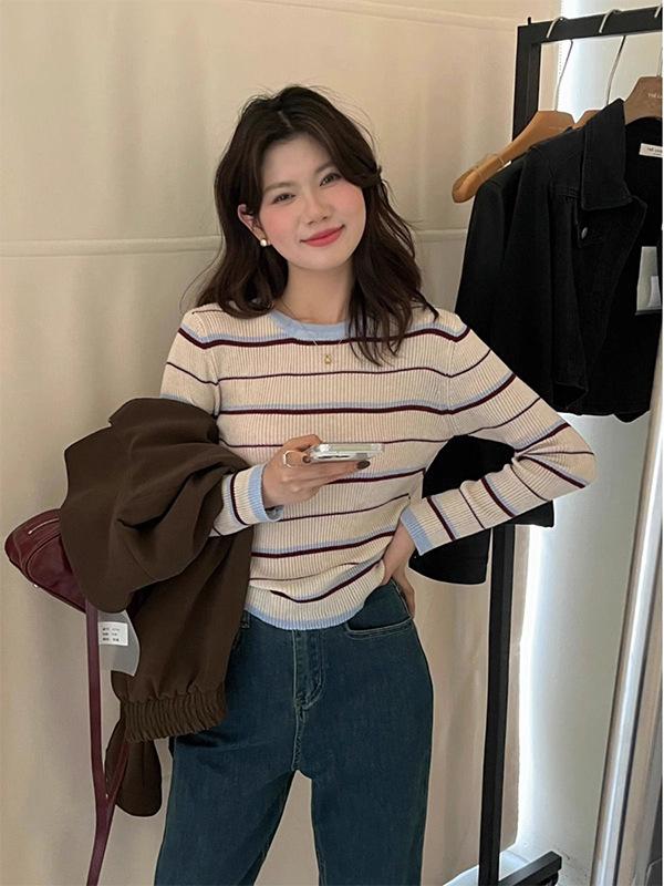 2025 Autumn/Winter Retro Striped Color Block Slimming Korean Knitted Sweater