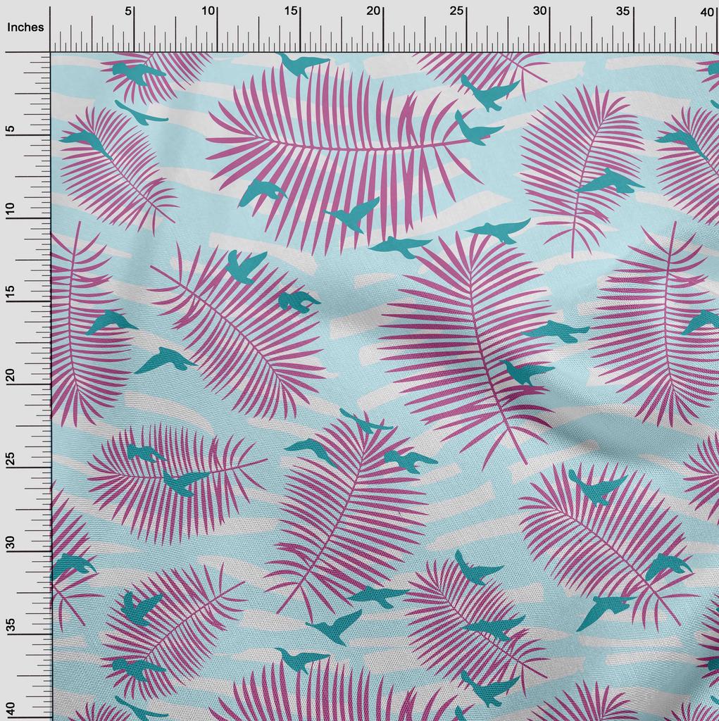 oneOone Cotton Flex Baby Blue Fabric Tropical Plam Tree With Birds Sewing Material Print Fabric By The Yard 40 Inch