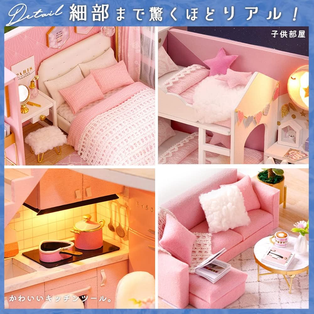 Moin Moin 1/24 Dollhouse Miniature DIY Kit Modern Pink Flower Room with LED Light and Acrylic Case