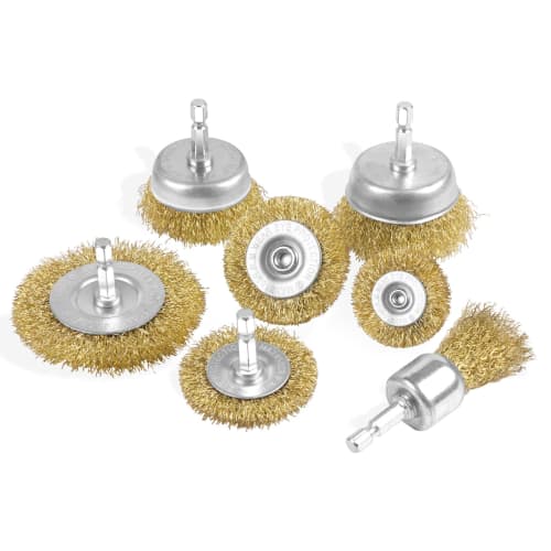 HWXINIE Hexagonal Wire Brush, Brass, 6mm Shaft, Cup Brush, Set of 7, for Rust Removal, Paint Stripping, and Extremely Scratch-Resistant (Non-Pure Bras
