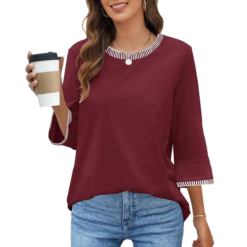 Women's Fashion Loose Round Neck Clashing Colour T-Shirt Seven Sleeve Top