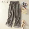 Pantalons Larges d'Été Style Coréen pour Femmes Cordon de Serrage Taille Haute Pantalons Droits à Carreaux Pantalons Vintage avec Patchwork en Dentelle Creuse