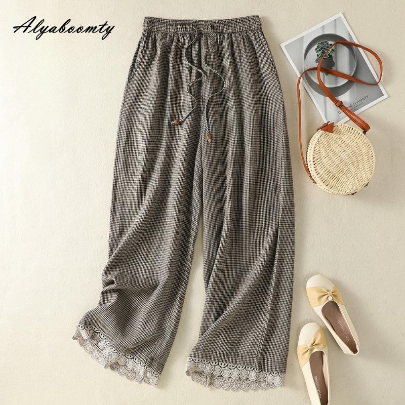 Korean Style Summer Women Wide Leg Pants Drawstring High Waist Plaid Straight Trousers Vintage Hollow Out Lace Patchwork Pants