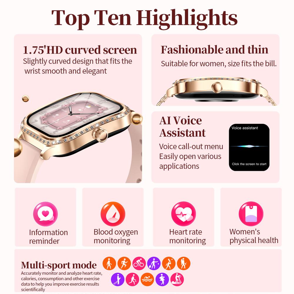 2025 New Smart Watch Women 1.75" HD Display Heart Rate IP68 Waterproof Sports Fitness BT Call Smartwatch for Lady Gift