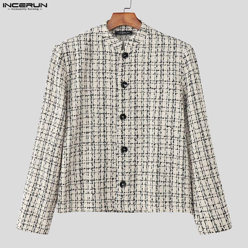 INCERUN Autumn Elegant  Men Long Sleeve Casual Plaid Buttons Texture Jackets Coats