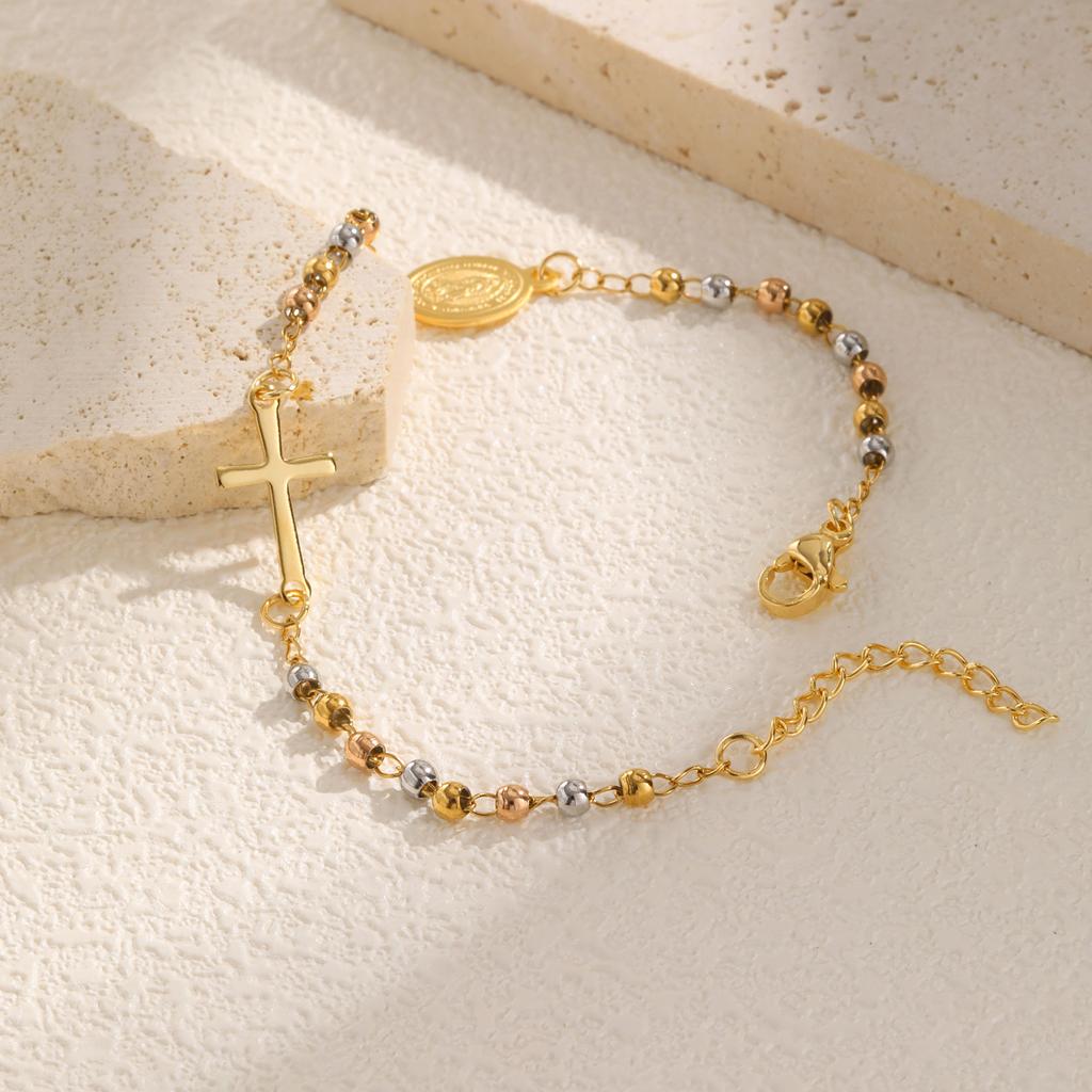 Three-color Holy Rosary Cross Bracelet for Women,Round Bead Stainless Steel Gold Color Bracelet,Virgin Mary Christianity Jewelry