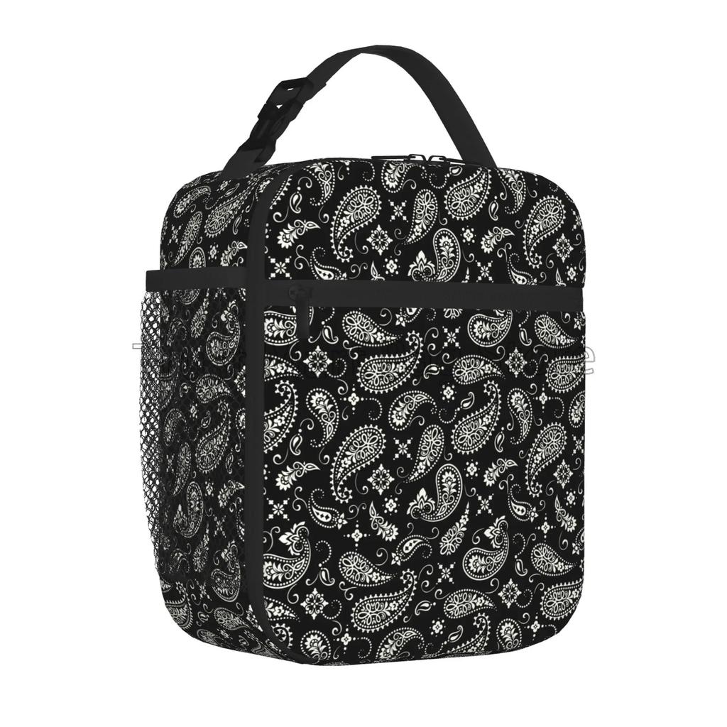 Red Black Paisley Mandala Lunch Box Portable Insulated Lunch Bag Reusable Cooler Tote Bag for Women Men Work Picnic Beach Hiking