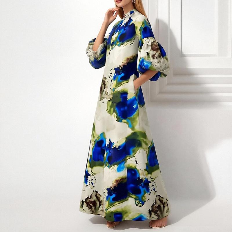 New summer models, European and American women's clothing, casual commuting bubble sleeve printed loose dress