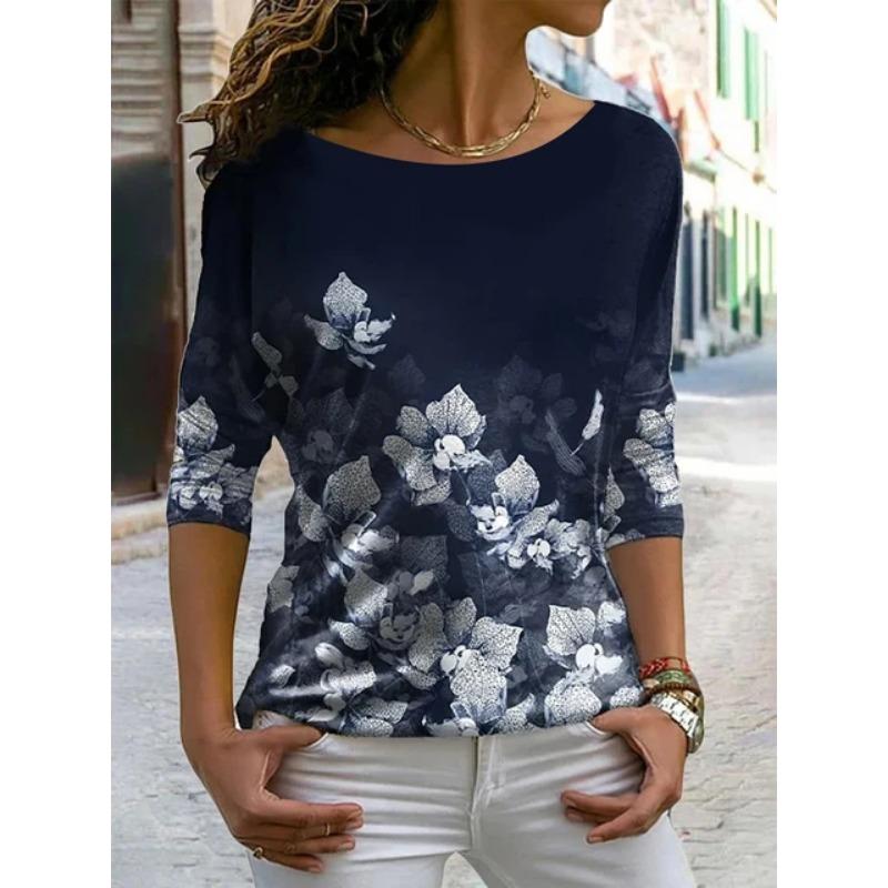 Autumn versatile long sleeved women's T-shirt with floral pattern printed regular retro casual O-Neck Bohemian multi-color top