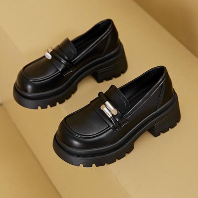 Mode Damenmode Schuhe mit dickem Absatz Frühling Neu Runde Spitze Tiefer Ausschnitt Metallschnalle Dicke Sohle Rutschfest Verschleißfest Slipper