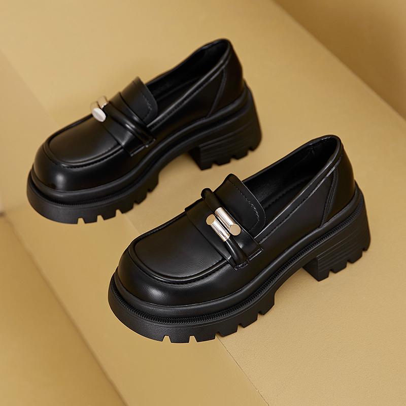 

Модная женская обувь на толстом каблуке, весенняя новинка, круглый носок, глубокий вырез, металлическая пряжка, толстая подошва, нескользящие, износостойкие лоферы 40 чёрный