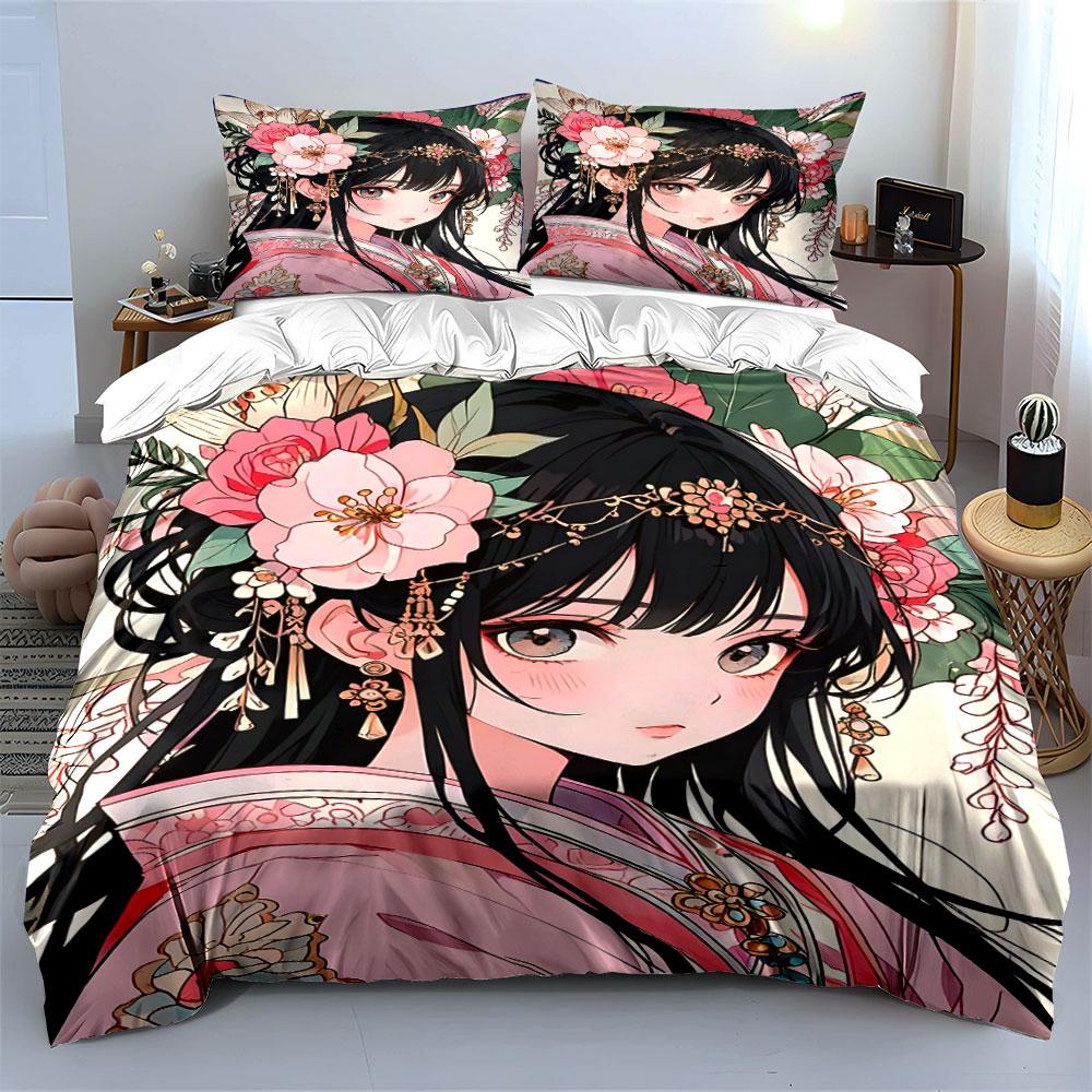 Elegant ancient-style girl with floral ornaments Print Bedding Set 1Duvet Cover 2Pillowcases for Adult and Children Luxury Gift