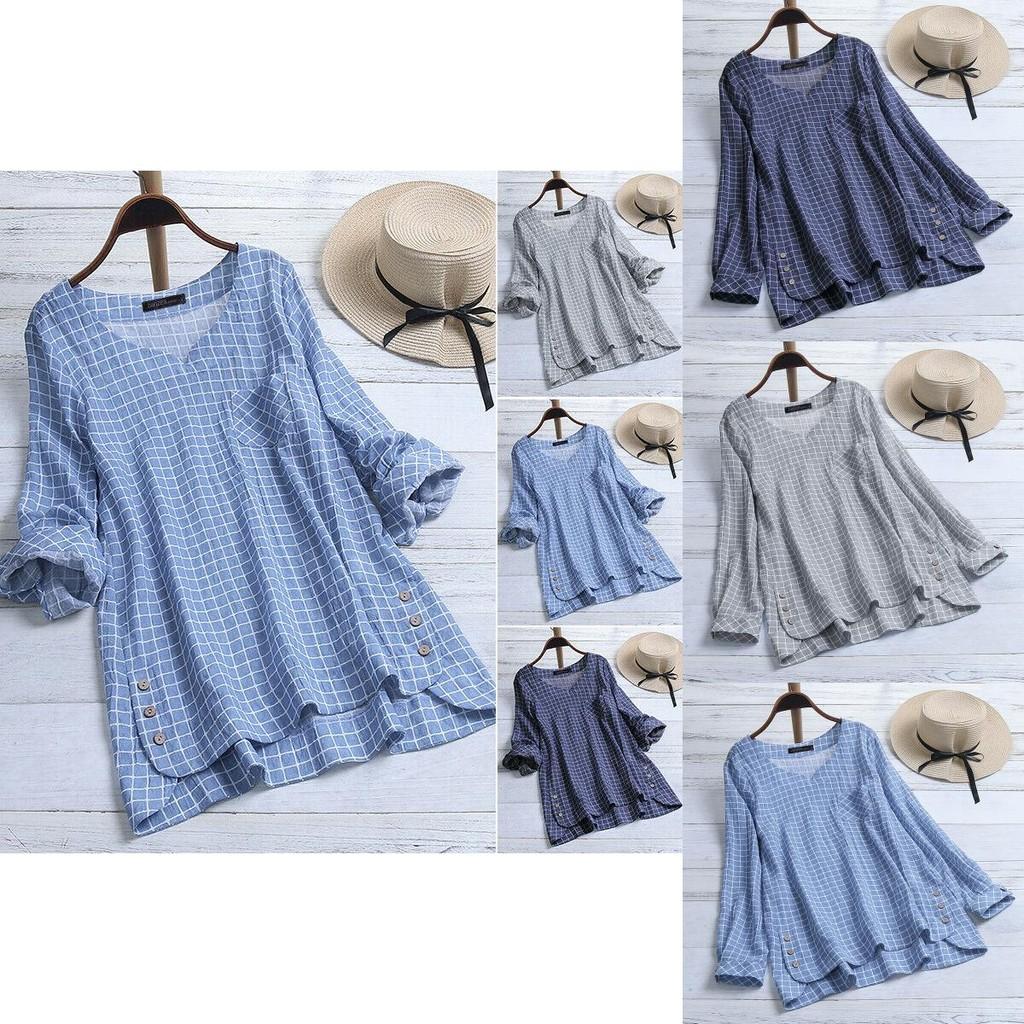 Women's Long Sleeve Plaid Check Shirt Tops V Neck Casual Asym Hem Blouse For Everyday Elegance