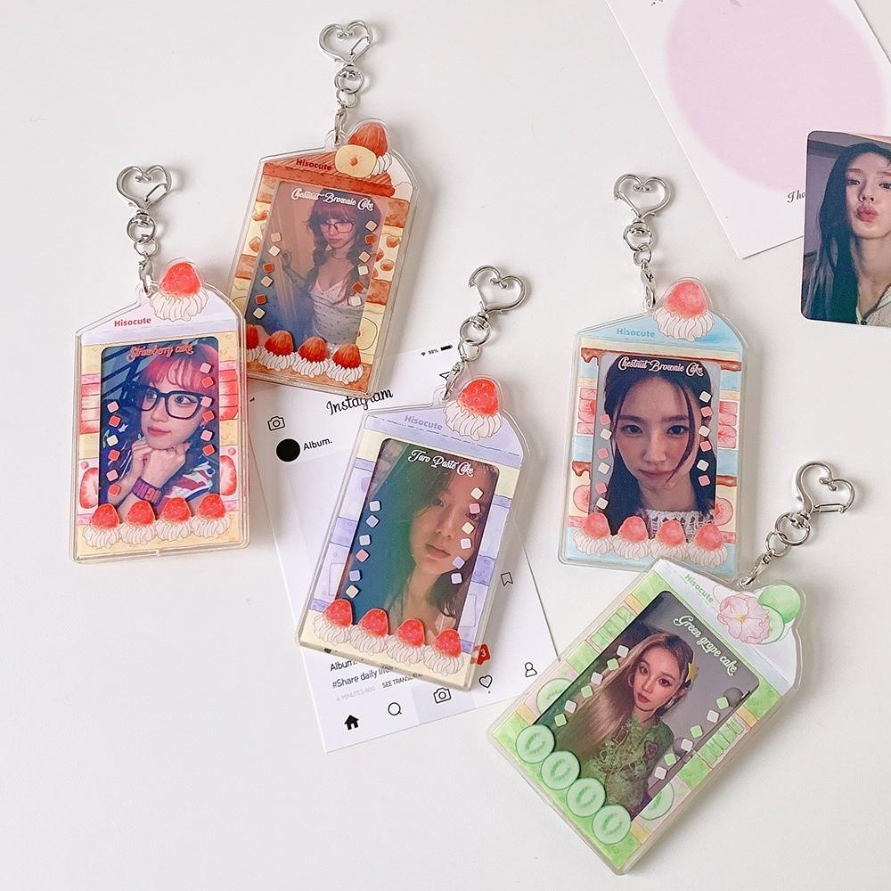 Acrylic Kpop Photocard Holder Keychain Cake Dessert Shape Transparent Campus Card Protective Case 3 Inch