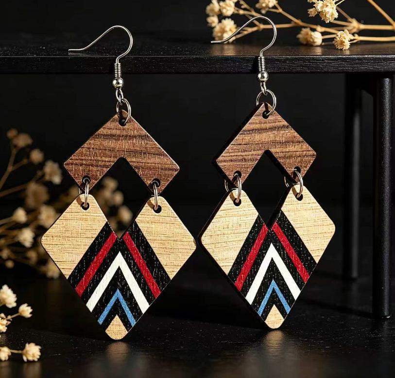 European Retro Diamond Patchwork Two-Tone Wooden Ethnic Earrings