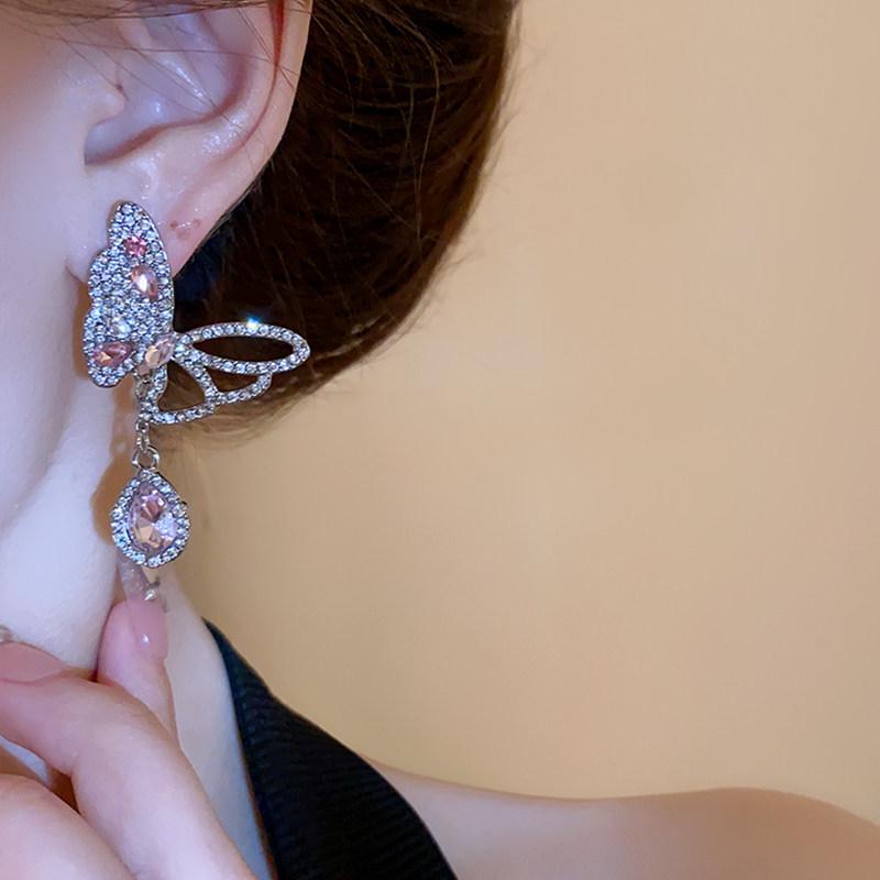 Silver Needle Luxury Rhinestone Butterfly Drop Earrings
