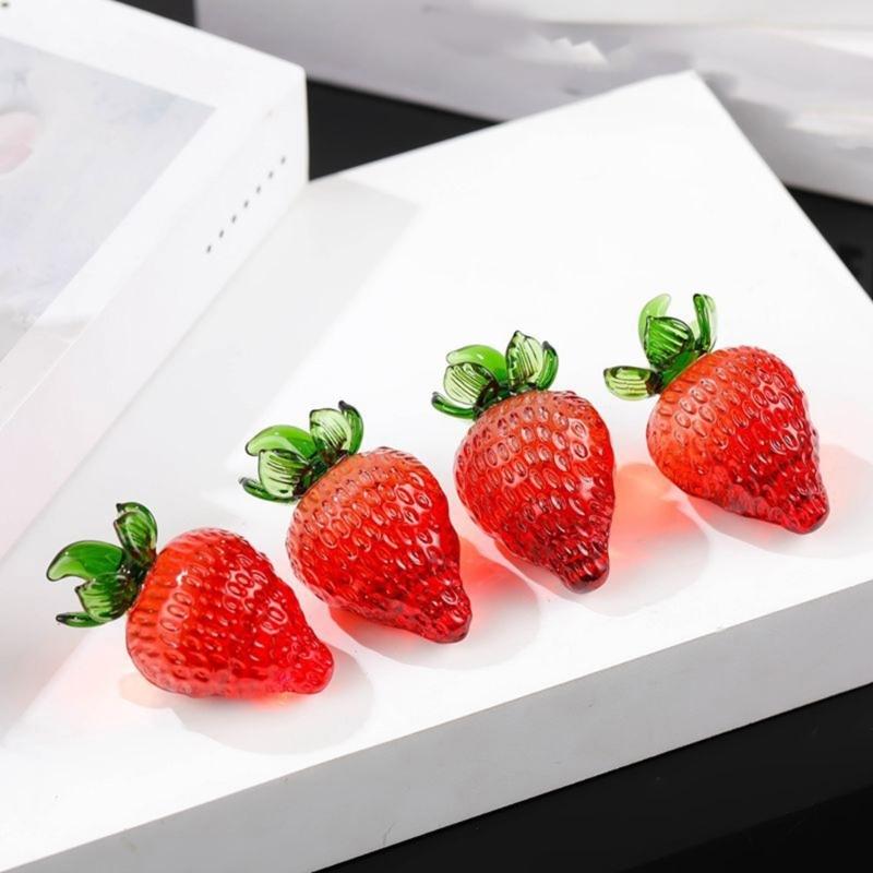 Crystal Strawberry Figurine Glass Fruit Miniature Statue Paperweight Ornament for Home Table Decors and Art Collectors