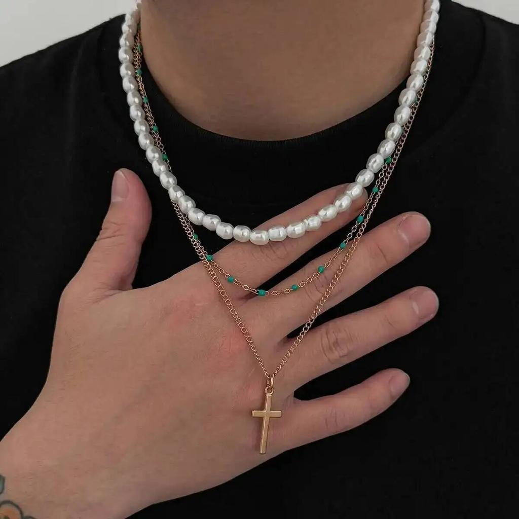SHIXIN 3Pcs/Set Punk Imitation Pearl Chain Jesus Cross Pendant Necklace for Women Hip Hop Layered Chain New Fashion Jewelry 2026