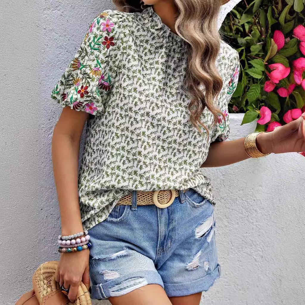 GMXIA Women's Summer Embroidered Printed Buckle Wave High Neck Short Color Matching Top