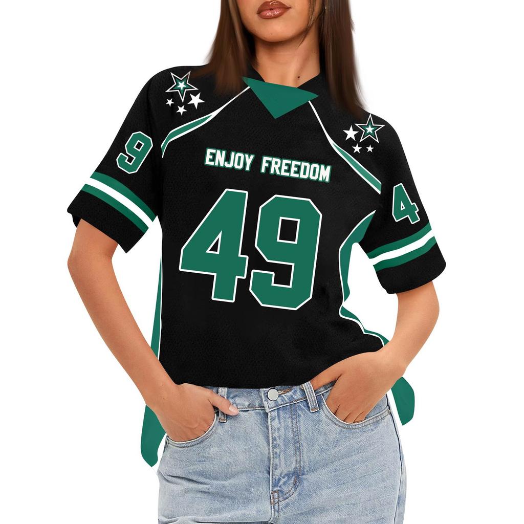 Women's Oversized Short Sleeve Mesh Football Jerseys Shirt V Neck Graphic Top Tee