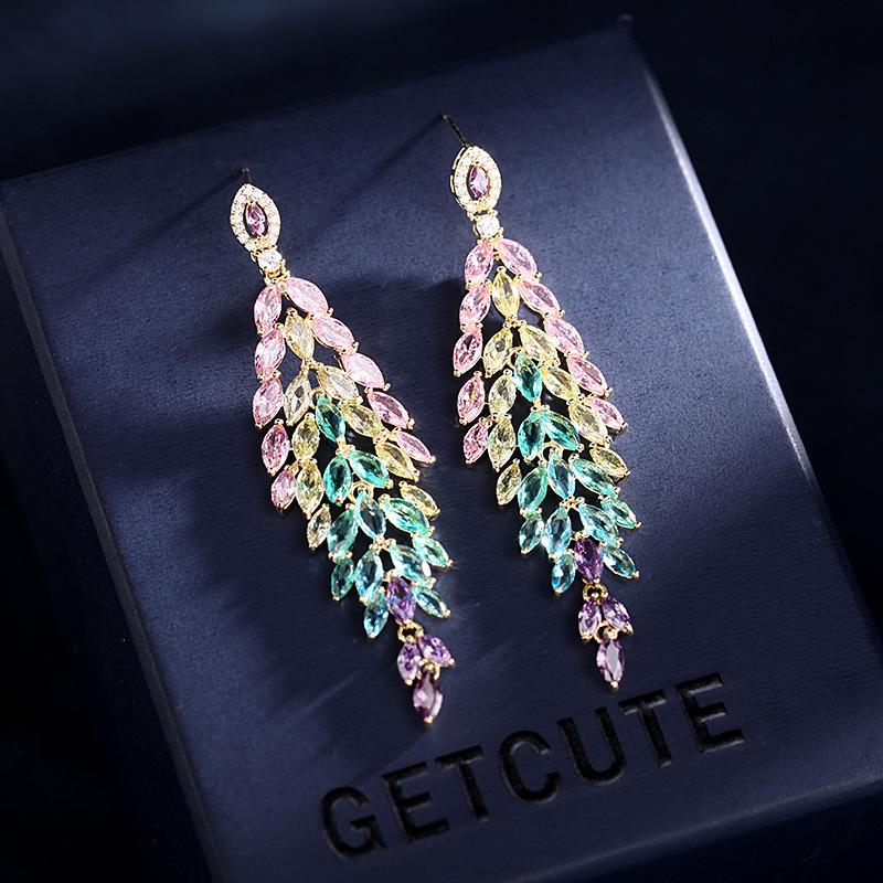 Europe And America New Style Vintage Tassel Earrings Colorful Cubic Zirconia Earrings Banquet Dress Accessories Leaf Earrings